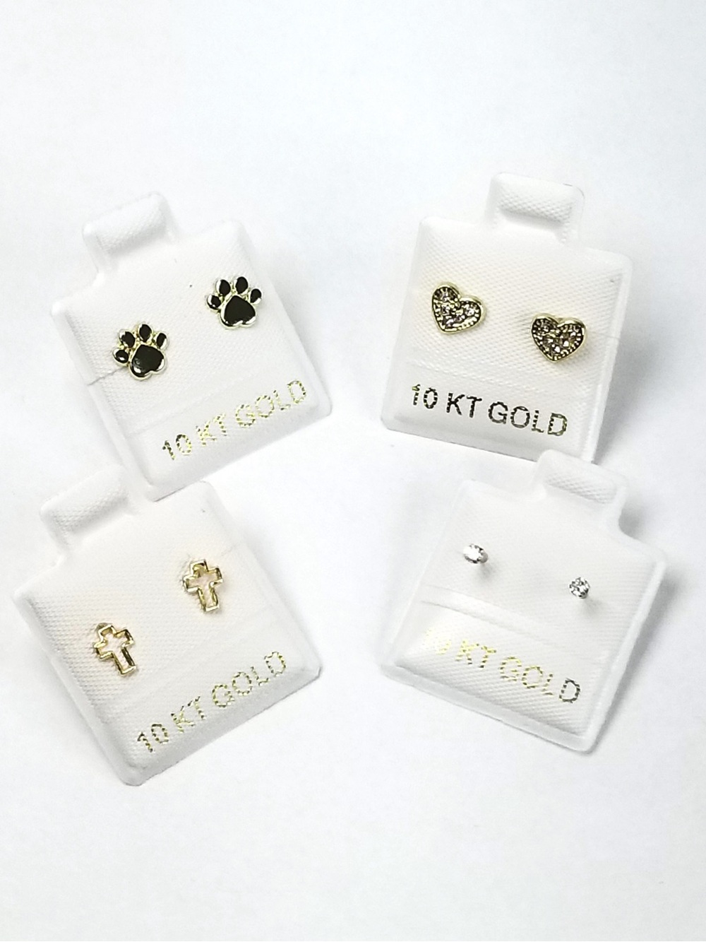 10K Gold 4 Pair Stud Earrings Paw Heart Cross Solitaire CZ Screw Back Broquel